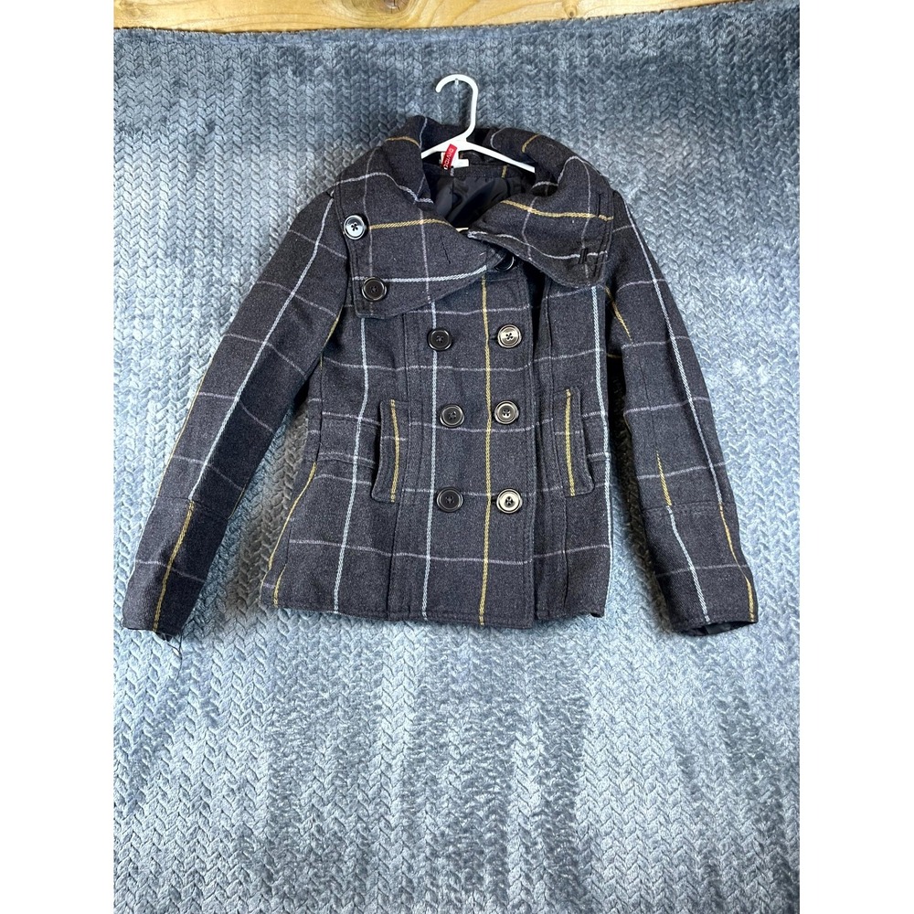 H&M Divided Pea Coat Womens 4 Gray Plaid Wool Outdoor Travel Double Breasted